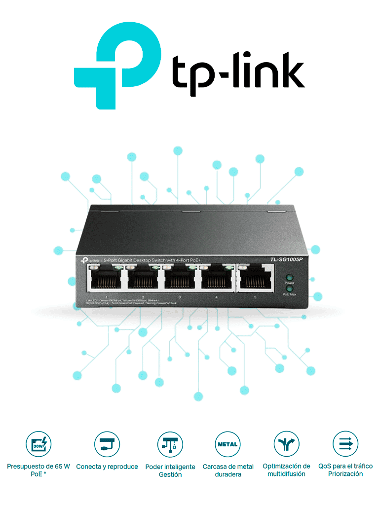 TP-LINK TL-SG1005P - Switch Escritorio No Administrable de 5 puertos 10/100/1000 Mbps  con 4 puertos PoE 802.3af/at de hasta 65 W y PoE Extendido hasta 250 metros.