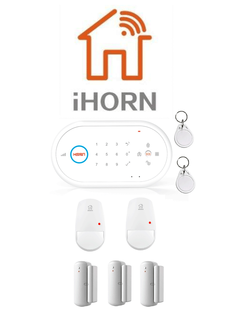 IHORN ND1 123 -Paquete de Alarma que incluye Un Panel De Alarma ND1 con Comunicación 2G. 32 Zonas Inalámbricas. Dos Sensores de Movimiento LH990F y Tres Contactos Magnéticos  HO09AF. Incluye Fuente y 2 Llaveros RFID.
