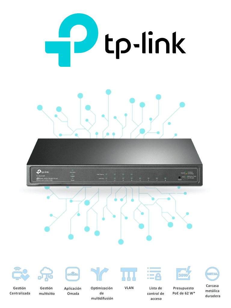 TP-LINK SG2008P - Switch PoE JetStream SDN Administrable 8 puertos 10/100/1000 Mbps  4 puertos PoE  62W  administración centralizada OMADA SDN
