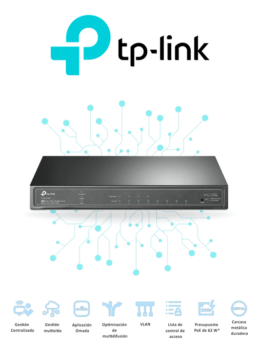 TP-LINK SG2008P - Switch PoE JetStream SDN Administrable 8 puertos 10/100/1000 Mbps  4 puertos PoE  62W  administración centralizada OMADA SDN