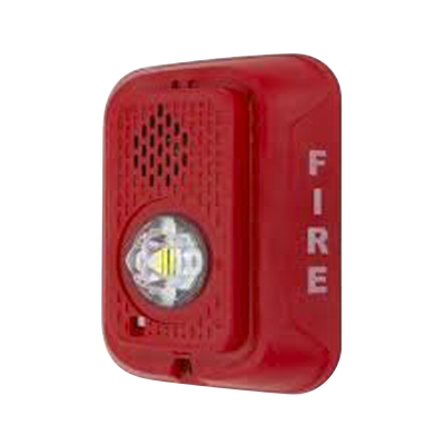 Sirena con Lámpara LED Estroboscópica / a 2 Hilos / Montaje en Pared / 12 o 24 Vcd / Configuración Estroboscópica Seleccionable / Texto en Inglés / Color Rojo