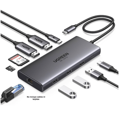HUB USB-C (Docking Revodok Pro 210) 10 en 1 | 2 Puertos HDMI 8K 4K@60Hz | 3 USB-A | USB-C (5Gbps) | USB-C PD Carga 100W | RJ45 (Gigabit Ethernet) | Lector Tarjetas SD + Micro SD (TF) Simultáneo | Carcasa de Aluminio.