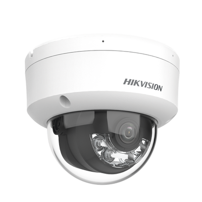 Domo IP 4 Megapixel / Lente 2.8 mm / Dual Light (30 mts IR + 30 mts Luz Blanca) / Micrófono Integrado / Antivandálico IK08 / ACUSENSE Lite / Exterior IP67 / H.265 / PoE / ONVIF / Micro SD