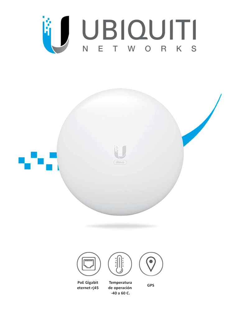 UBIQUITI WAVE-LR- Antena cliente para WAVE-AP  con frecuencia de 60 GHz y tasa de transferencia de hasta 2 Gbps. Incluye respaldo a 5 GHz y es compatible únicamente con WAVE-AP