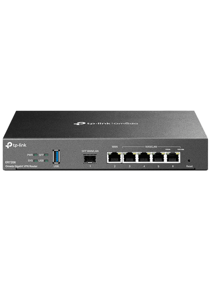 TP-LINK ER7206- Router Omada VPN SDN Multi-WAN Gigabit con 1 puerto WAN SFP y 1 puerto WAN RJ45 Gigabit  2 LAN RJ45 Gigabit y 2 configurables LAN/WAN. Hasta 150 000 sesiones concurrentes y administración centralizada Omada.