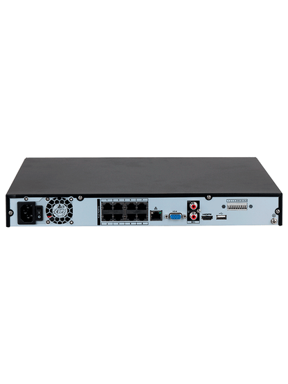 DAHUA DHI-NVR4208-8P-4KS3 NVR de 8 MP/ 4k/ 8 Canales IP/ 8 Puertos PoE/ Rendimiento de 160 Mbps/ H.265+/ 2 Bahías de discos duros / Soporta cámaras WizSense/ HDMI 4k & VGA/ 4 canales SMD Plus/ E&S de Alarma/
