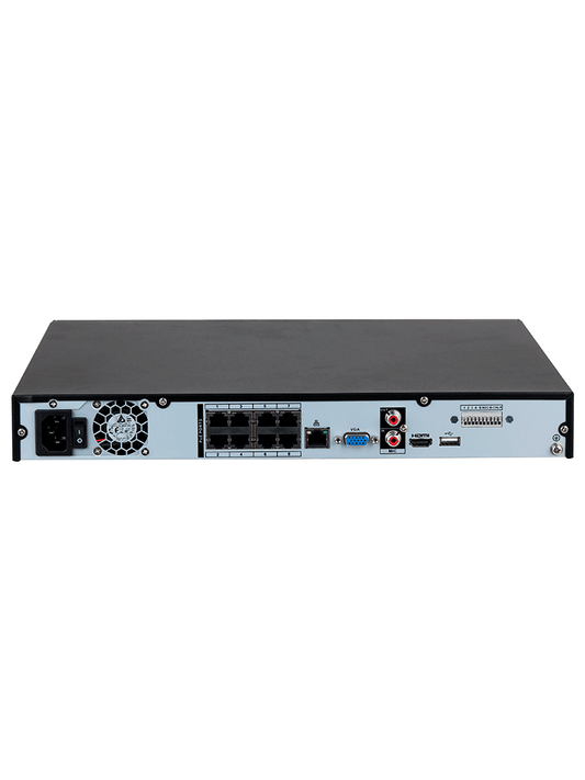 DAHUA DHI-NVR4208-8P-4KS3 NVR de 8 MP/ 4k/ 8 Canales IP/ 8 Puertos PoE/ Rendimiento de 160 Mbps/ H.265+/ 2 Bahías de discos duros / Soporta cámaras WizSense/ HDMI 4k & VGA/ 4 canales SMD Plus/ E&S de Alarma/
