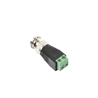 Adaptador de conector BNC macho a 2 terminales-tornillo para cables AWG-26-14  en aplicaciones Video Vigilancia  Níquel/ Oro/  PTFE y PVC.