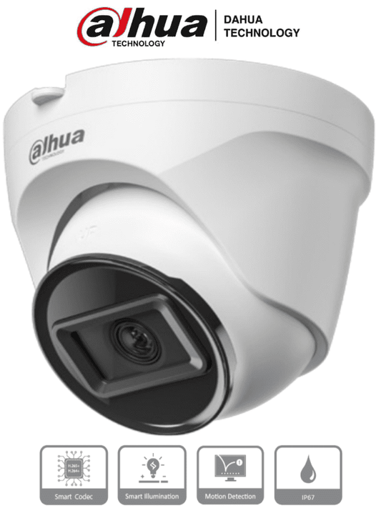 DAHUA IPC-T1E20 -Camara IP Domo de 2 MP  lente de 2.8 mm y 99° de visión. Alcance IR de 30 m  protección IP67 y alimentación PoE. Funciones avanzadas: DWDR  3D NR  HLC  BLC y compresión H.265+ Ideal para videovigilancia confiable