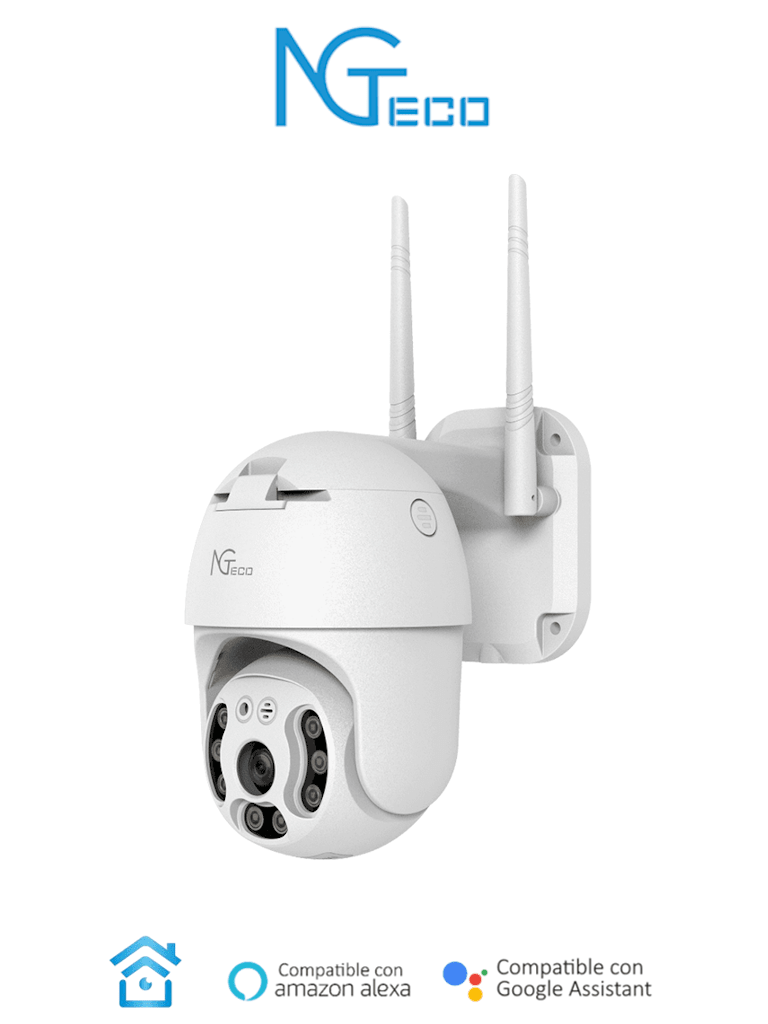 NGTECO NGC4200 - Cámara PT WiFi de 3MP con lente de 3.6mm  altavoz y micrófono integrados. Ofrece audio bidireccional y alcance IR de 20m. Utiliza compresión de vídeo H.265. Compatible con almacenamiento local y en la nube. Funciona con Alexa #NG #M