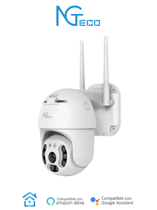 NGTECO NGC4200 - Cámara PT WiFi de 3MP con lente de 3.6mm  altavoz y micrófono integrados. Ofrece audio bidireccional y alcance IR de 20m. Utiliza compresión de vídeo H.265. Compatible con almacenamiento local y en la nube. Funciona con Alexa #NG #M