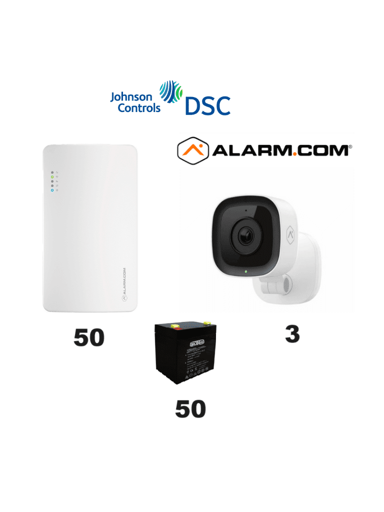 DSC SEM300 50 PACK - Paquete de 50 Comunicadores SEM300  Comunicador Dual  SIM/  IP para PowerSeries de Alarm.com   50 baterías Saxxon 12V 4.5Ah CBAT45AH  4 Cámaras de alarm.com ADC-V523X y 1 ADC-FLEX-100-MX-AT - Contacto Magnetico