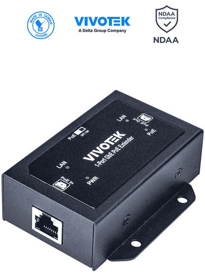 VIVOTEK AP-GXC-0100 - Extensor PoE de 1 puerto Gigabit Ethernet para interior  con hasta 68W  conexión escalada de hasta 300m con 2 unidades  compatible con NDAA