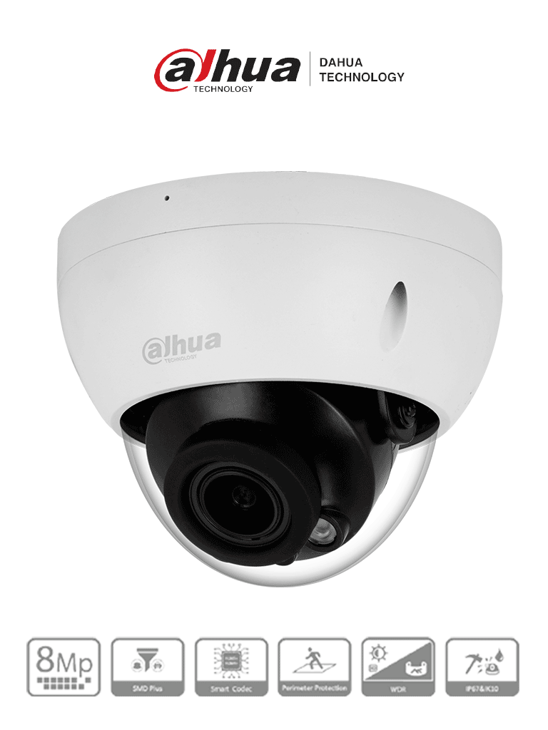 DAHUA DH-IPC-HDBW2841R-ZS - Cámara IP Domo Antivandálica de 8MP con lente motorizado 2.7-13.5mm  IR 40m  IA WizSense  detección de movimiento inteligente  protección perimetral  Starlight  PoE  WDR  H.265+  IP67  IK10.