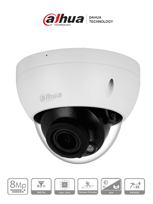 DAHUA DH-IPC-HDBW2841R-ZS - Cámara IP Domo Antivandálica de 8MP con lente motorizado 2.7-13.5mm  IR 40m  IA WizSense  detección de movimiento inteligente  protección perimetral  Starlight  PoE  WDR  H.265+  IP67  IK10.