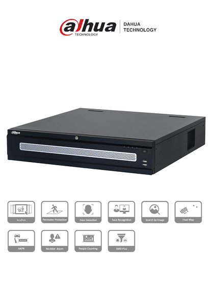 DAHUA DHI-NVR608RH-128-XI - NVR con tecnología Acupick y WizMind 128 canales 32MP  8HDD  1024Mbps. Clúster N+M  RAID0/1/5/6/10  Hot Swap. Detección de rostros  metadatos  protección perimetral  SMD Plus  y soporte IA por cámara.