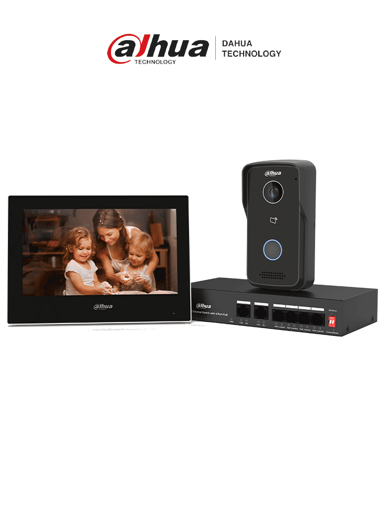 DAHUA DHI-KTP03 - Kit de Videoportero: Monitor de 7"  frente de calle IP65 con visión IR  apertura remota  y control de 1 puerta. Incluye switch PoE de 4 puertos 10/100 y 2 puertos uplink. Protección y acceso inteligente en un solo sistema.