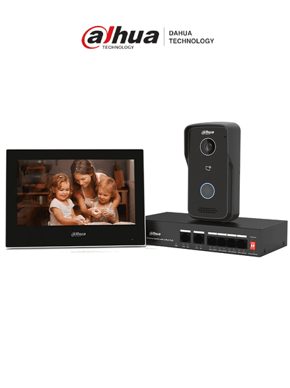 DAHUA DHI-KTP03 - Kit de Videoportero: Monitor de 7"  frente de calle IP65 con visión IR  apertura remota  y control de 1 puerta. Incluye switch PoE de 4 puertos 10/100 y 2 puertos uplink. Protección y acceso inteligente en un solo sistema.