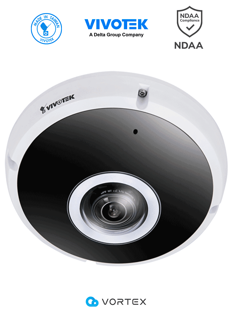 VIVOTEK FE931-EHV- Cámara IP VORTEX Premium Series Fisheye exterior 12 Megapixeles  IR 20m  WDR Pro  Micrófono integrado  IP66  IK10  NDAA  Almacenamiento interno 512GB  Advanced AI