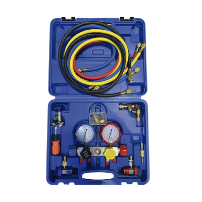 Juego de manómetros para aire acondicionado  herramienta de carga de refrigerante  doble válvula con adaptadores de acoplamiento rápido  manguera de 1.5 metros para refrigerantes : R410A  R32  R134A  R22