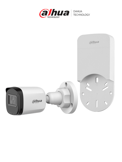 DAHUA  HAC-B1A21N-U + DH-PFA12A- Paquete de Cámara bullet de 2 MP  lente de 3.6 mm y ángulo de visión de 80°. Visión nocturna IR de 30 m  resistencia IP67. Incluye caja de conexiones PFA12A de policarbonato resistente  ideal para exteriores.