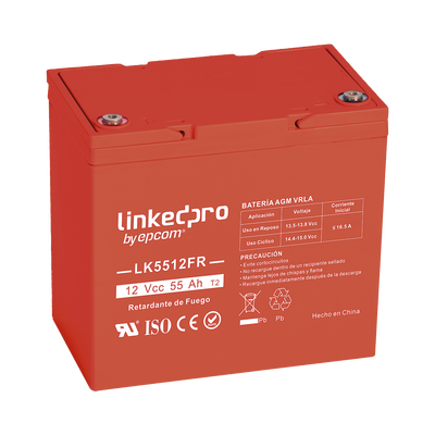 Batería 12 V / 55 Ah / UL / Tecnología AGM-VRLA / Vida útil promedio de 5 años / Retardo a la flama / Para uso en equipo electrónico  Alarmas de Intrusión / Incendio/ Control de acceso / Video Vigilancia / T2