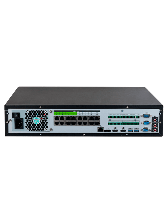 DAHUA DHI-NVR5832-16P-EI -NVR de 32 canales IP 4K con 16 puertos PoE y 8 puertos ePoE. Ofrece tecnología Acupick  detección y reconocimiento facial  SMD  8 bahías para discos duros y admite RAID 0/1/5/6/10  con un ancho de banda de 384 Mbps.