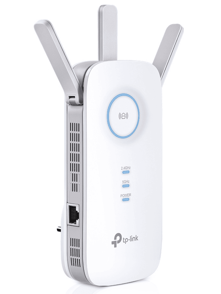 TP-LINK RE450 -  Repetidor de señal WiFi AC1750 de doble banda 2.4GHz (450Mbps) y 5GHz (1300Mbps) con indicador inteligente de señal  modo punto de acceso  3 antenas externas y 1 puerto Ethernet (RJ45) 10/100/1000Mbps.