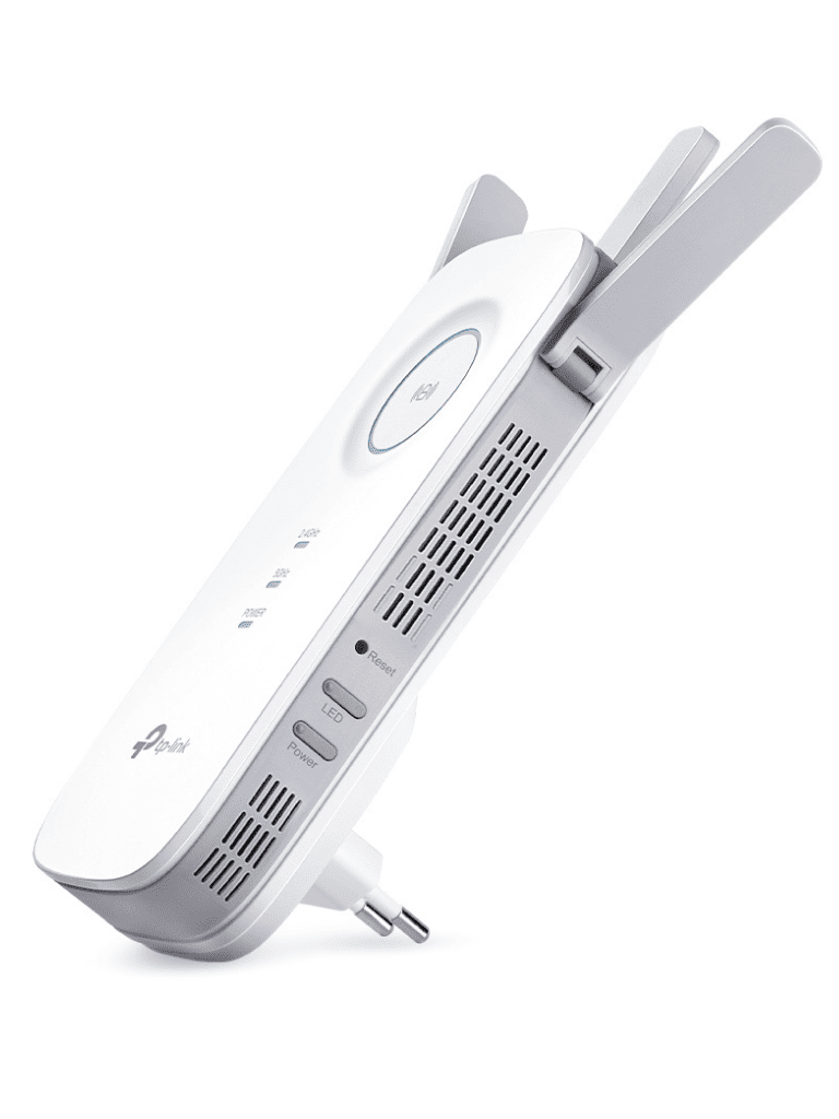 TP-LINK RE450 -  Repetidor de señal WiFi AC1750 de doble banda 2.4GHz (450Mbps) y 5GHz (1300Mbps) con indicador inteligente de señal  modo punto de acceso  3 antenas externas y 1 puerto Ethernet (RJ45) 10/100/1000Mbps.