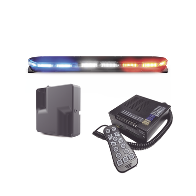 Kit de Sirena  Bocina y Torreta de 47"  Serie 16 con 300 LEDs  Dual Color  Frente: Rojo/Blanco  Azul/Blanco  Trasero: Rojo/Ámbar  Azul/Ámbar