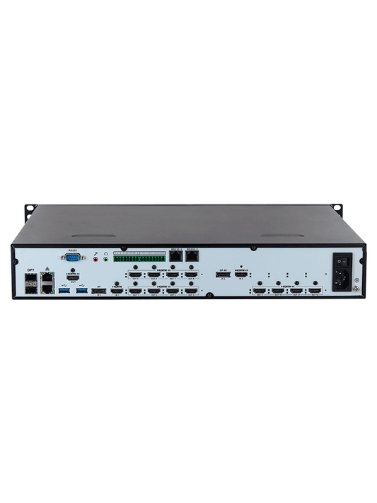 DAHUA DHI-NVD1205DU-4I-8K  Decodificador de vídeo IP Ultra HD (8k)/ 12 salidas HDMI/H265+/ H265/ H264/ MJPEG/ HDMI /DVI-I/ Soporta 1/4/6/8/9/16/25/36 y división libre/ RS232  RS485/  Control de pantallas de empalme para zoom/fusión/desplazamiento