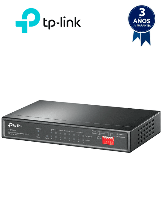 TP-LINK TL-SF1009P - Switch PoE no administrable con 9 puertos Fast Ethernet  incluidos 8 puertos PoE AF y AT. Ofrece un presupuesto PoE de hasta 65W y soporta modo extendido para conexiones de hasta 250 metros.
