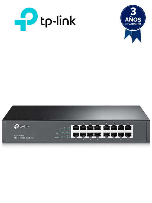 TP-LINK TL-SF1016DS - Switch no administrable con 16 puertos Fast Ethernet  diseñado para montaje en rack o en escritorio.