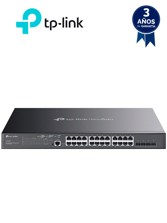 TP-LINK SG3428MP -  Switch L2+ Omada PoE+ con 24 puertos PoE+ 10/100/1000 Mbps  4 puertos SFP 1G  consola RJ45 y microUSB  además gestión centralizada Omada o Stand-Alone  con soporte Multicast IGMP  QoS y presupuesto PoE 384W.