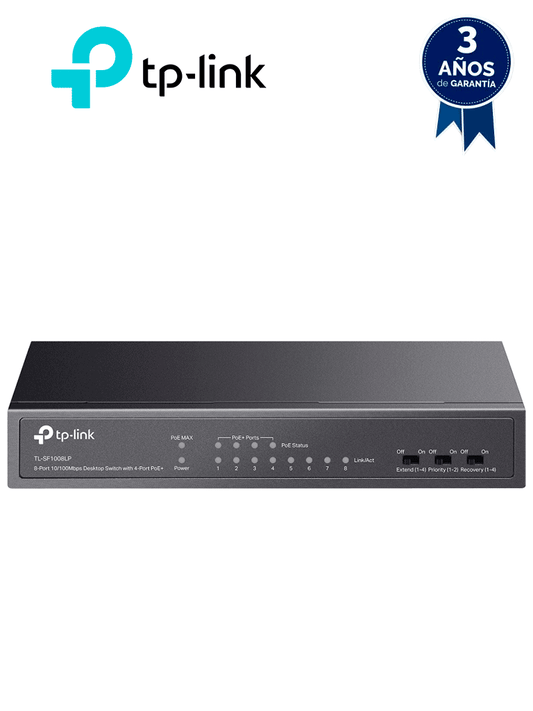 TP-LINK TL-SF1008LP - Switch PoE no administrable con 8 puertos Fast Ethernet  incluidos 4 puertos PoE AF. Ofrece un presupuesto PoE de hasta 41W y soporta modo extendido para conexiones de hasta 250m. #MCI2