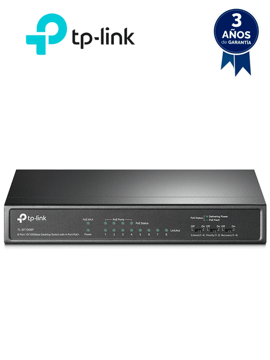 TP-LINK TL-SF1008P -Switch PoE no administrable con 8 puertos Fast Ethernet  que incluye 4 puertos PoE AF y AT. Ofrece un presupuesto PoE de hasta 66W y soporta modo extendido para conexiones de hasta 250m de longitud.