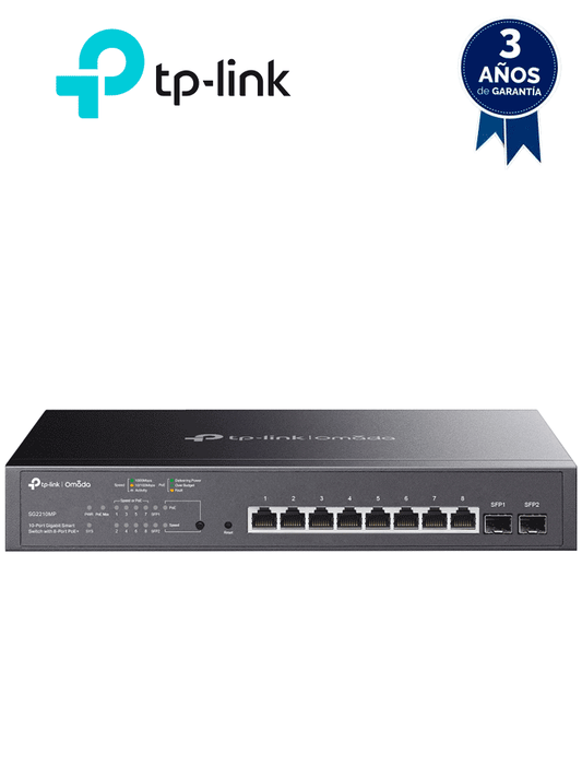 TP-LINK SG2210MP - Switch JetStream SDN administrable con 8 puertos 10/100/1000 Mbps y 2 puertos SFP  equipado con 8 puertos PoE y un presupuesto total de 150W. Permite administración centralizada a través de OMADA SDN."
