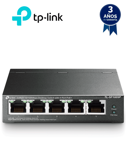 TP-LINK TL-SF1005P - Switch PoE no administrable con 5 puertos Fast Ethernet  incluyendo 4 puertos PoE AF. Suministro PoE hasta 58W y modo extendido para conexiones de hasta 250m.