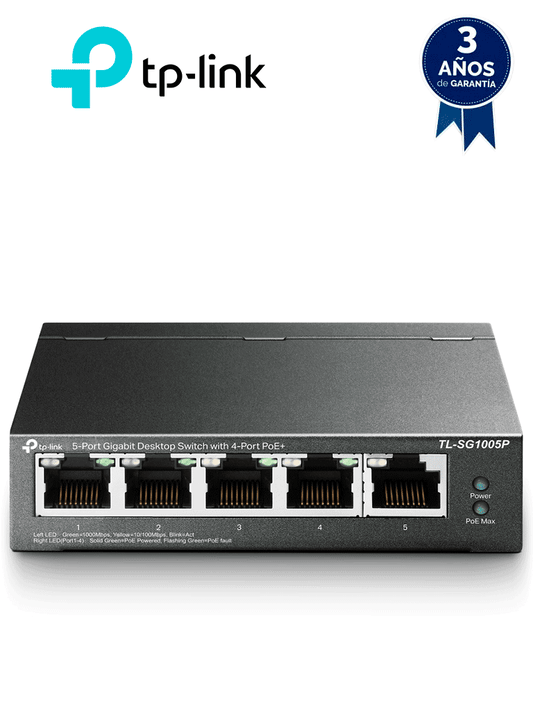 TP-LINK TL-SG1005P - Switch Escritorio No Administrable de 5 puertos 10/100/1000 Mbps  con 4 puertos PoE 802.3af/at de hasta 65 W y PoE Extendido hasta 250 metros.