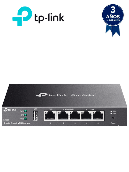 TP-LINK ER605 - Router Omada VPN SDN Multi-WAN Gigabit con 1 puerto WAN Gigabit  2 LAN Gigabit y 2 configurables LAN/WAN  hasta 25 000 sesiones concurrentes  con gestión centralizada Omada o stand-alone y 1 puerto USB 2.0.