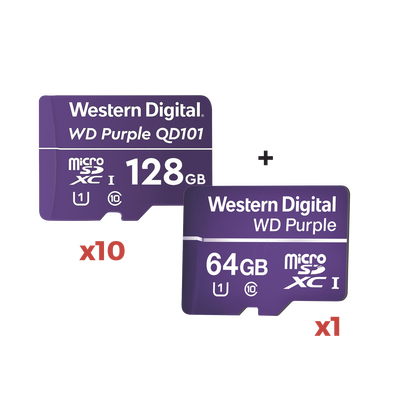 Kit 10 + 1   10 Piezas de memoria microSD de 128GB PURPLE + una pieza de regalo 64GB  Especializada Para Videovigilancia  10 VECES MAYOR DURACIÓN  3 AÑOS DE GARANTIA