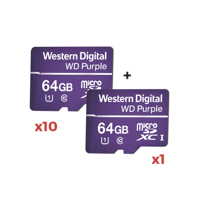Kit 10 + 1   10 Piezas de memoria microSD de 64GB PURPLE + una pieza de regalo  Especializada Para Videovigilancia  10 VECES MAYOR DURACIÓN  3 AÑOS DE GARANTIA