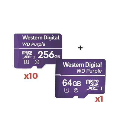 Kit 10 + 1   10 Piezas de memoria microSD de 256GB PURPLE + una pieza de regalo 64GB  10 VECES MAYOR DURACIÓN  3 AÑOS DE GARANTIA