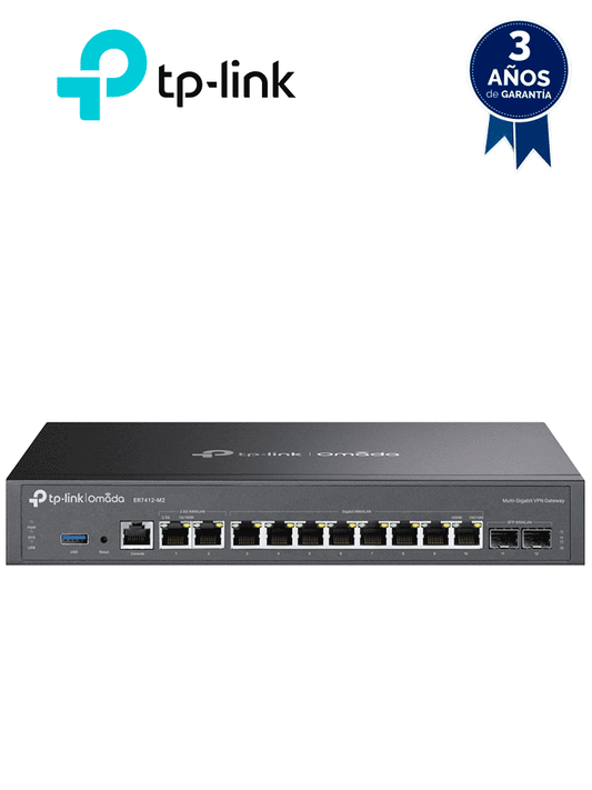 TP-LINK ER7412-M2  - Router VPN Omada Multi-Gigabit   2 puertos WAN/LAN a 2.5G   10 puertos Gigabit WAN/LAN (2× SFP  8× RJ45)   Balanceo de carga hasta 11 puertos WAN   Gestión centralizada en la nube a través de la web o de la aplicación Omada.
