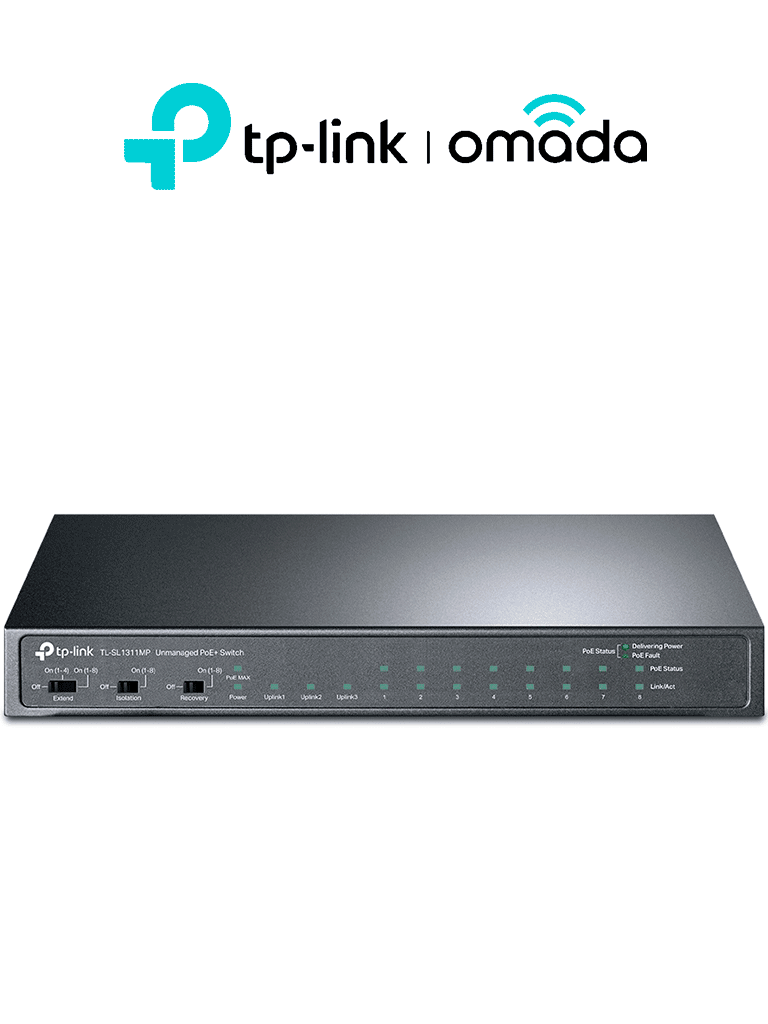TP-LINK - TL-SL1311MP / Switch de Escritorio No Administrable 11 Puertos / 8 puertos 10/100Mbps RJ45 POE+/ 2 Puertos 10/100/1000 RJ45 / 1 Puerto Gigabit SFP / 8 puertos POE+ / 124 Watts totales /  POE Hasta 100m / Modo Extendido Hasta 250m
