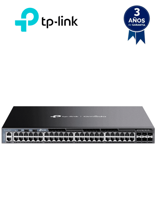 TP-LINK SG6654X- Switch Omada L3 Stackable de 48 puertos RJ45 Gigabit y 6 puertos SFP+ 10G   Stacking físico   Funciones L3 Enterprise. RIP  OSPF  ECMP  VRRP  PIM-DM  DHCP Server/Relay   Alta disponibilidad   VRRP y ERPS   Interfaz WEB   CLI   SNMP