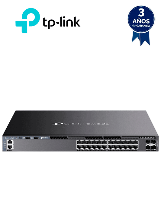 TP-LINK SG6428XHP - Switch Omada L3 Stackable de 24 puertos POE+ Gigabit y 4 puertos SFP+ 10G   700W   Stacking físico   Funciones L3 Enterprise. RIP  OSPF  ECMP  VRRP  PIM-DM  DHCP Server/Relay   Alta disponibilidad   VRRP y ERPS   Interfaz WEB   C