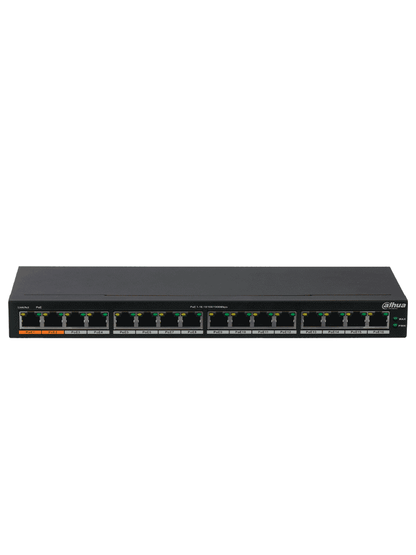 DAHUA DH-PFS3016-16GT-190 - Switch Poe Gigabit de 16 Puertos PoE Gigabit/ 190 Watts Totales/ Los 2 Puertos Naranjas Soportan Hi-PoE Estandar/ Switching 32 Gbps/ Tasa de Reenvio de paquetes 23.808 Mbps/ Protección Contra Descargas/