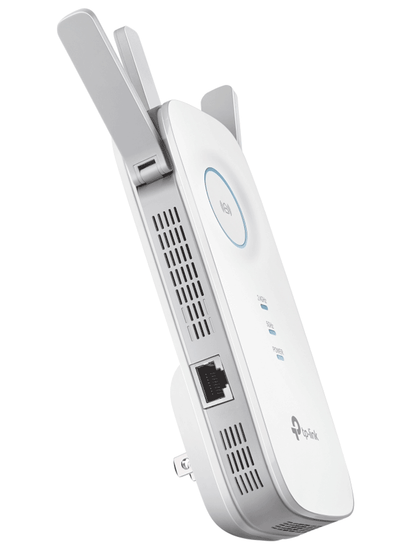 TP-LINK RE450 -  Repetidor de señal WiFi AC1750 de doble banda 2.4GHz (450Mbps) y 5GHz (1300Mbps) con indicador inteligente de señal  modo punto de acceso  3 antenas externas y 1 puerto Ethernet (RJ45) 10/100/1000Mbps.