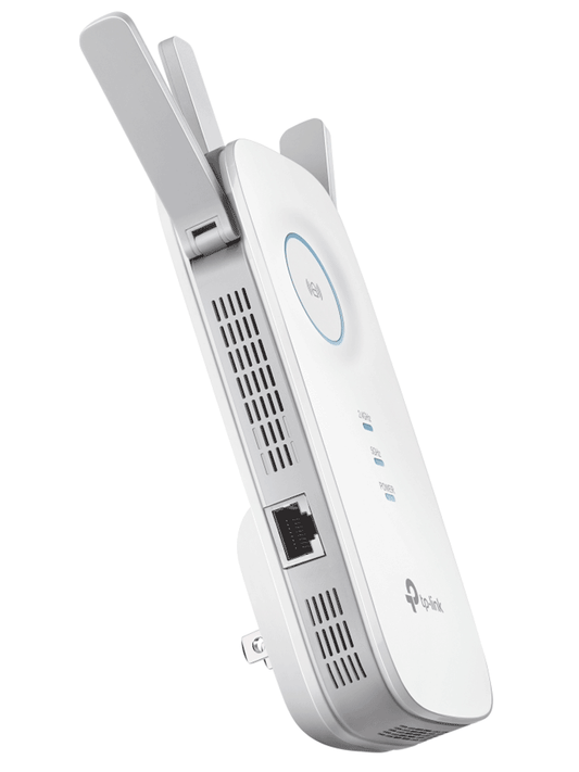 TP-LINK RE450 -  Repetidor de señal WiFi AC1750 de doble banda 2.4GHz (450Mbps) y 5GHz (1300Mbps) con indicador inteligente de señal  modo punto de acceso  3 antenas externas y 1 puerto Ethernet (RJ45) 10/100/1000Mbps.